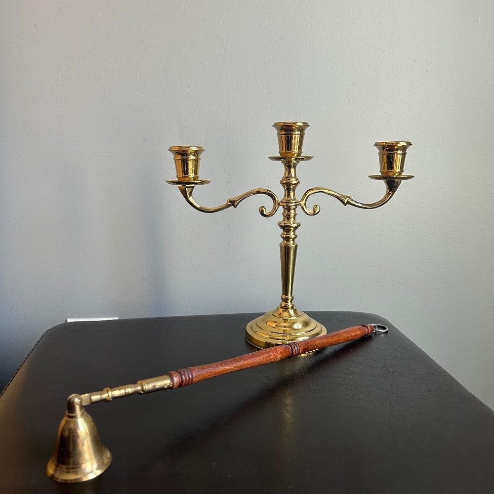 Vintage Brass 3 Arm 9” Candelabra with Brass & Wood Candle Snuffer